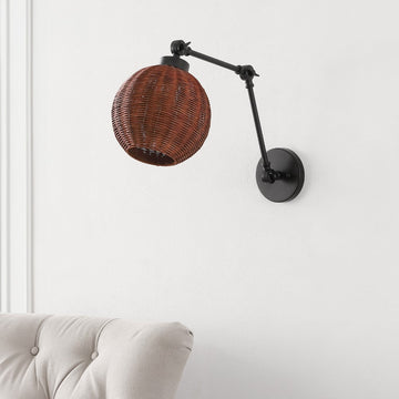 Lyla 22" 1-Light Mid-Century Vintage Rattan Globe Swing Arm LED Sconce - JONATHAN Y